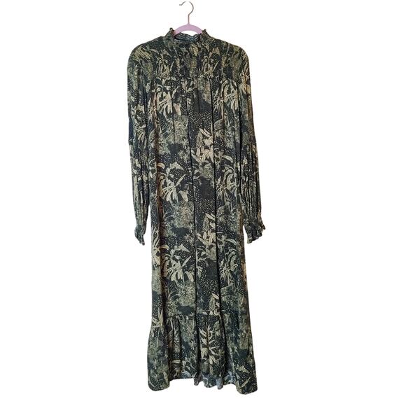 Roma Label Ruffle Mock Neck Long Sleeve Midi Dress Dark Forest Jungle Medium - Picture 1 of 12